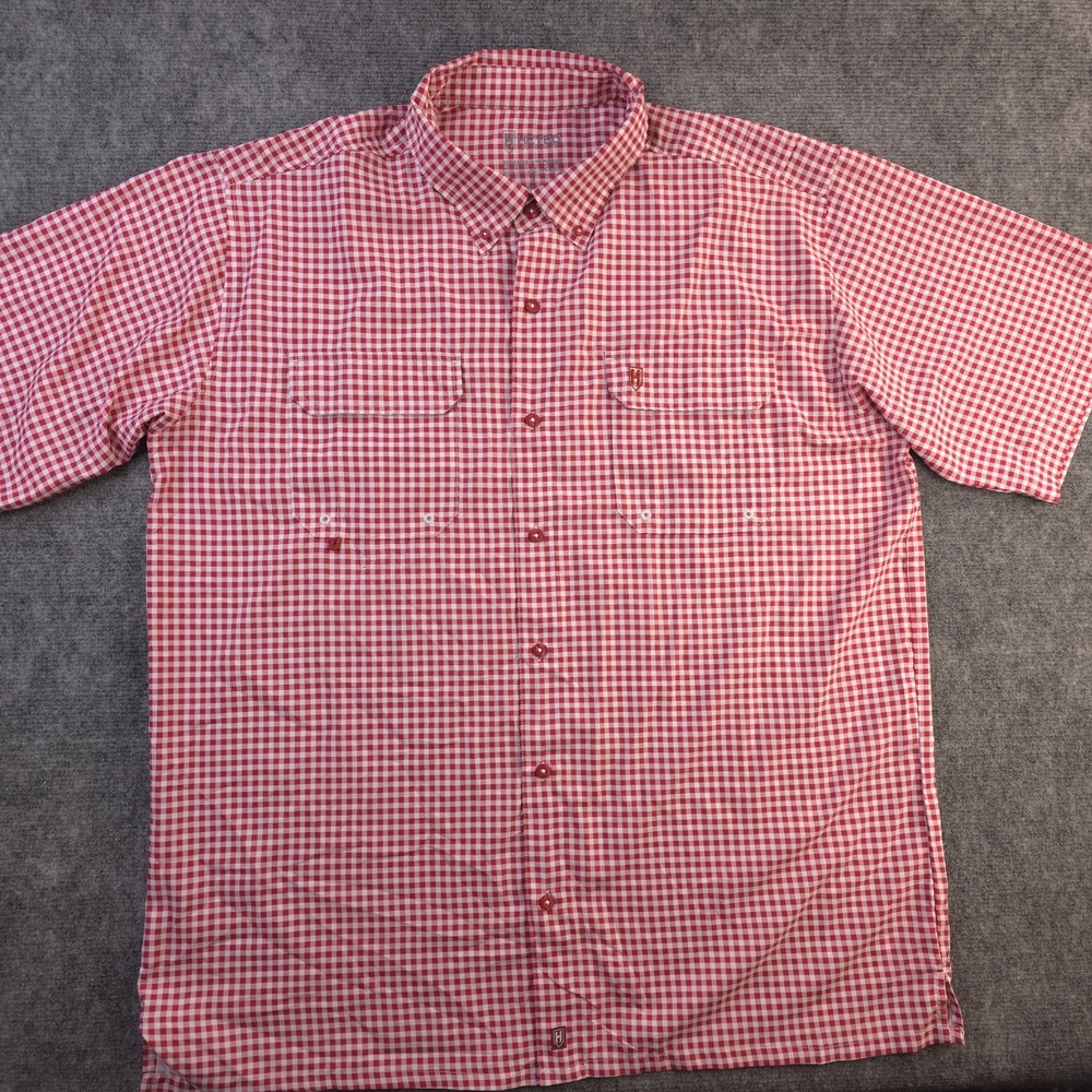 Heybo Shirt Large Red Check Short Sleeve Button Up Vented Fishing Pockets